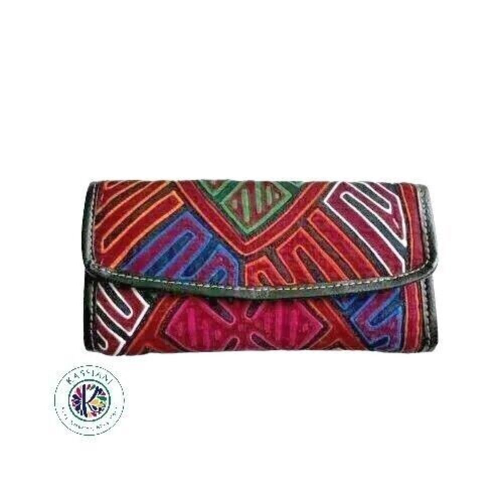 Unique Artisan Handmade Mola Wallet Large - Arte Kuna Colombia 100% Leather